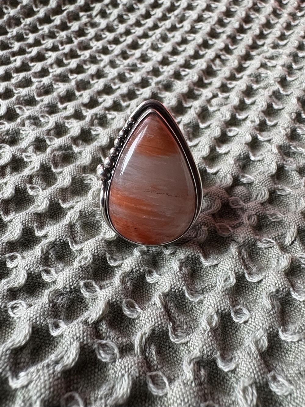Sterling Teardrop Red Agate Ring with Beaded Accent